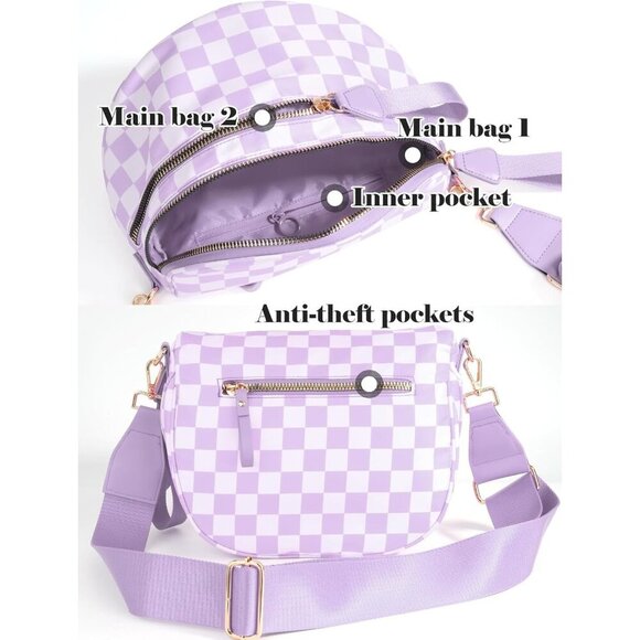 Women Pale Purple Imported Polyester Checkered Crossbody Fanny Belt Bum Bag - Picture 4 of 6
